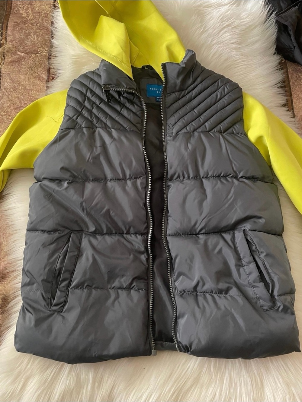 Perry Ellis Gray Quilted Puffer Vest with Yellow Hoodie Layer